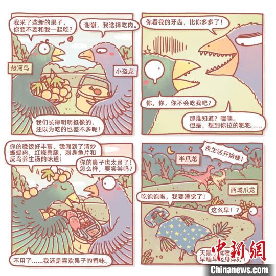 根據此次熱河鳥研究成果繪制的漫畫(燁子/繪)。　中科院古脊椎所 供圖
