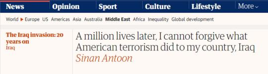 【世界說】伊拉克作家刊文痛斥美國：100萬人喪生，就是美國恐怖主義在伊拉克造成的后果 無法原諒！