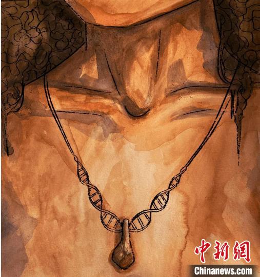 墜飾藝術(shù)再現(xiàn)圖，圖中吊墜繩為DNA螺旋樣式(圖片作者Myrthe Lucas)?！∈┢樟指瘛ぷ匀?供圖
