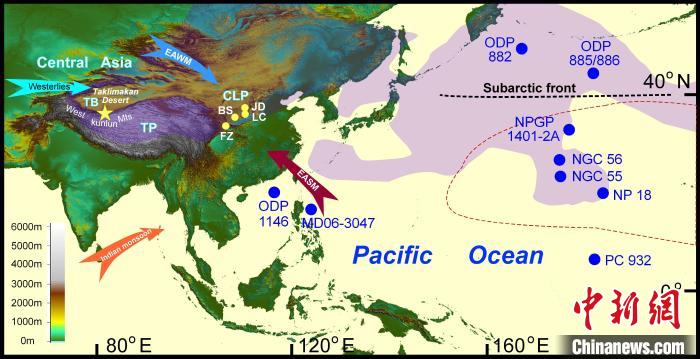 塔里木沙塵傳輸至北太平洋的路徑(陰影區(qū))及西昆侖山黃土巖芯位置(五角星)?！≈锌圃呵嗖馗咴?供圖