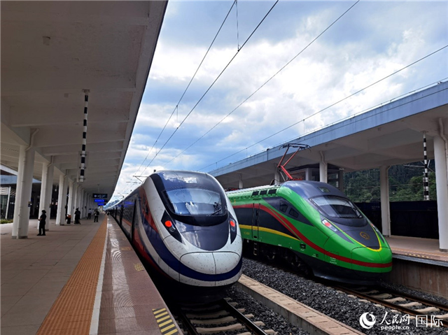 “復(fù)興號(hào)”和“瀾滄號(hào)”國(guó)際旅客列車?？吭诶蠐肽ザ≌?。人民網(wǎng) 杜明明攝