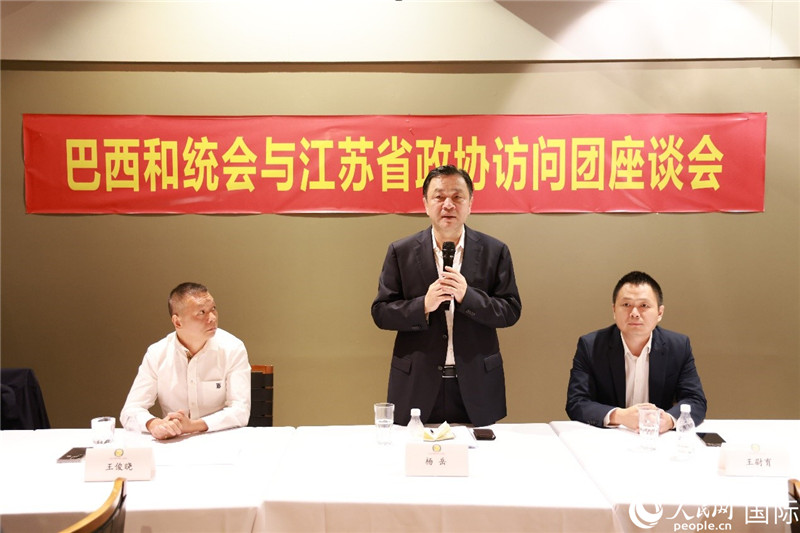 江蘇省政協(xié)副主席楊岳（中）在座談會上致辭。人民網(wǎng)記者 陳海琪攝