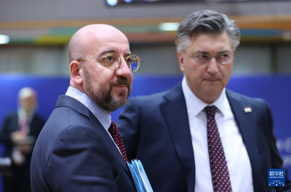 2月1日，歐洲理事會主席米歇爾（左）出席在比利時布魯塞爾舉行的歐盟特別峰會。新華社記者 趙丁喆 攝