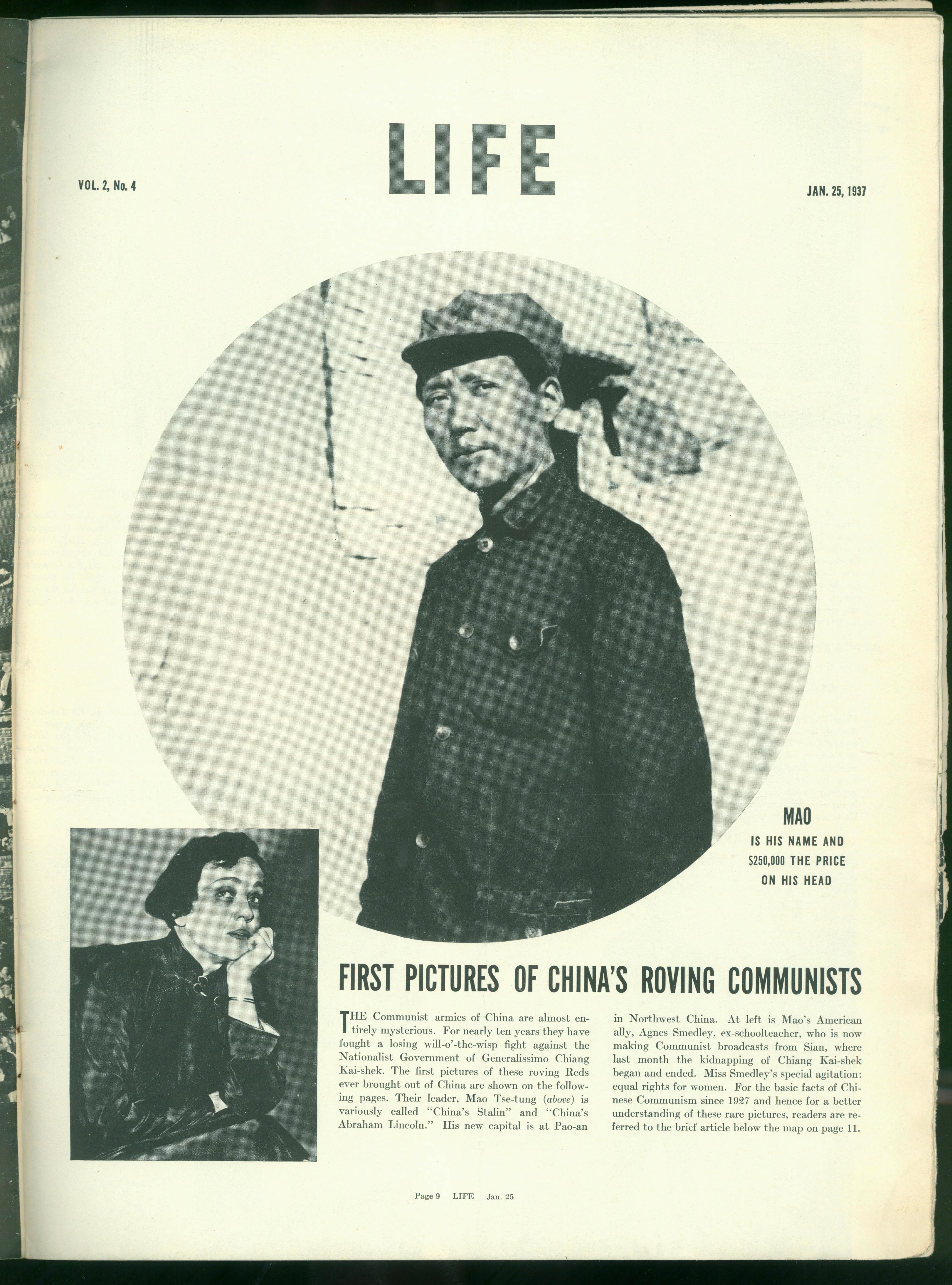 1937年1月25日，美國《生活》周刊刊登毛澤東照片，照片右下方寫著一行字：“毛，這是他的名字，他的人頭價值25萬元。”