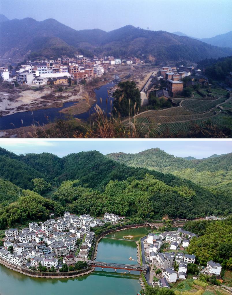 圖為浙江省杭州市淳安縣楓樹嶺鎮(zhèn)下姜村拼版圖，其中上圖為資料照片、下圖由新華社記者張鋮攝。