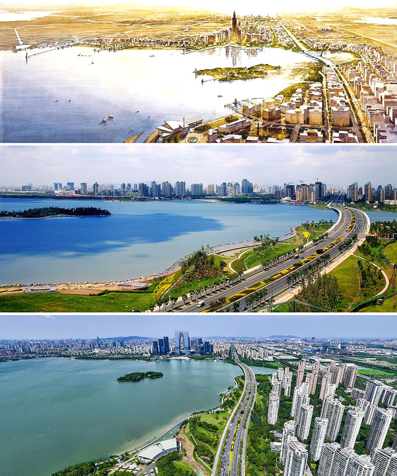 拼版照片：上圖為1994年繪制的蘇州工業(yè)園區(qū)手繪規(guī)劃圖；中圖為2007年拍攝的蘇州工業(yè)園區(qū)；下圖為2023年7月4日用無人機(jī)拍攝的蘇州工業(yè)園區(qū)。