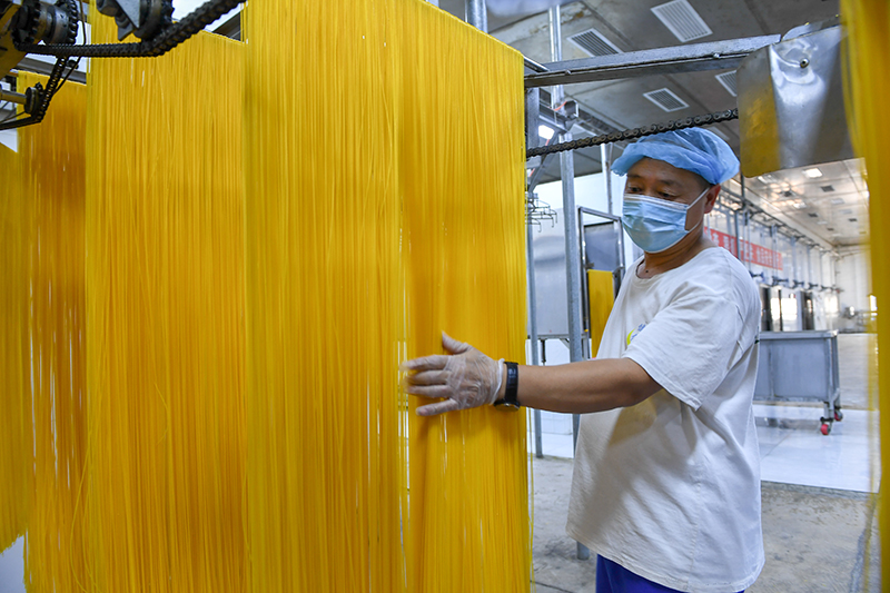 2024年1月25日，在吉林省公主嶺市的一家公司車間，工人查看玉米面條生產(chǎn)情況。