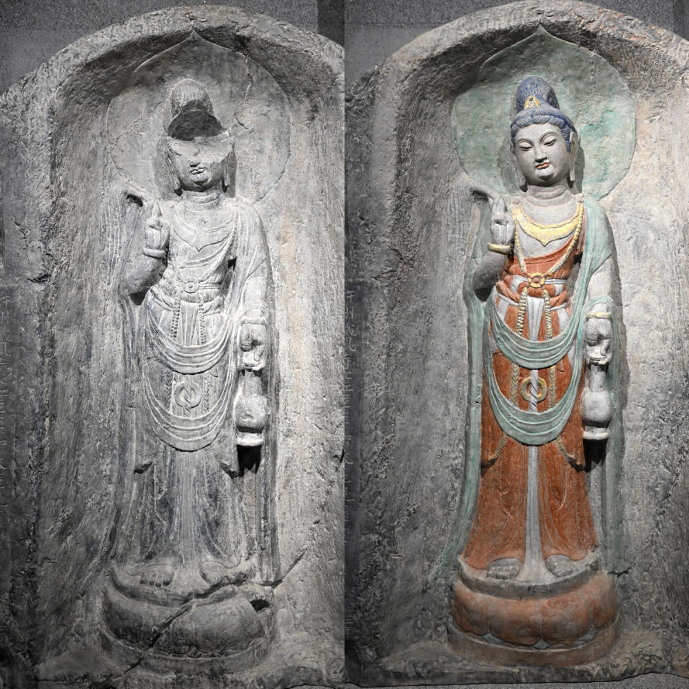 左圖為龍門石窟萬佛洞窟前南壁菩薩造像的3D打印模型；右圖為利用數(shù)字化技術(shù)復(fù)原后的3D打印模型（2025年4月10日攝，拼版照片）。復(fù)原后的像龕精妙絕倫，栩栩如生，被游客譽(yù)為“龍門最美菩薩”。圖片來源新華社