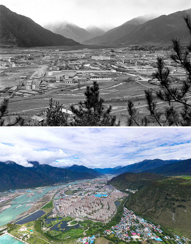 拼版照片：上圖是20世紀(jì)90年代的西藏林芝八一鎮(zhèn)；下圖是2021年7月20日拍攝的西藏林芝八一鎮(zhèn)風(fēng)貌。