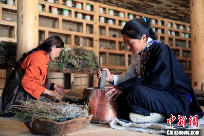 藥材搗碎。　王磊 攝