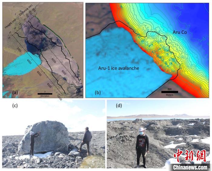 a。第一次冰崩在阿汝錯產(chǎn)生的巨大湖嘯；b。大量碎屑物質(zhì)帶入阿汝錯，導致冰崩扇附近湖底地形產(chǎn)生顯著變化；c。冰體融化后冰崩扇上留下的巨石；d。大量碎屑物質(zhì)。中科院青藏高原所 供圖