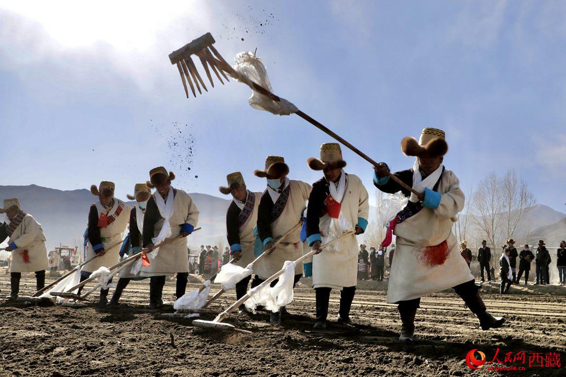 當(dāng)?shù)卮迕裆碇?jié)日盛裝，舉行春耕儀式。人民網(wǎng) 次仁羅布攝