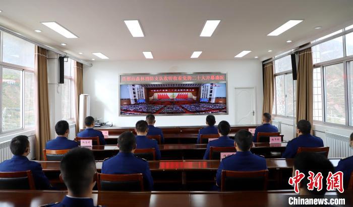 圖為西藏昌都市森林消防支隊收看二十大開幕直播?！⌒焖寂?攝